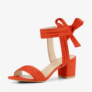 Faux Suede Open Toe Ankle Tie Back Block Heel Sandals Orange/6.5 - Allegra K catalog