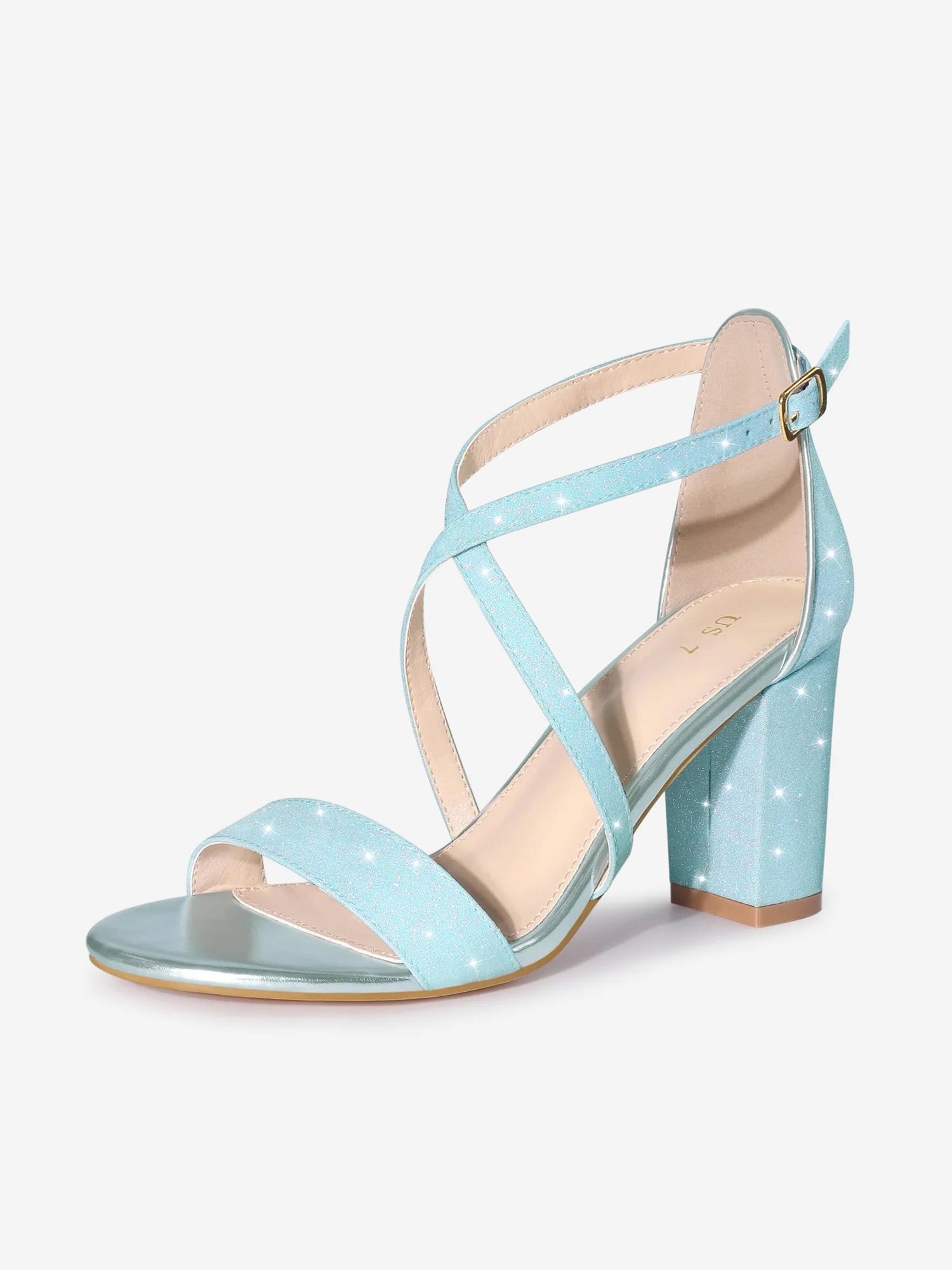Glitter Crisscross Strap Block Heel Sandals Sky Blue/8 - Allegra K catalog