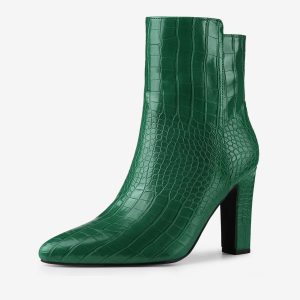 Crocodile Printed Pointed Toe Chunky Heel Ankle Boots Dark Green/8 - Allegra K catalog