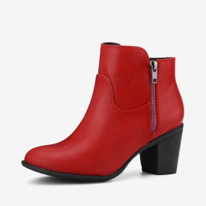 Low Chunky Heel Side Zipper Ankle Booties Red/9.5 - Allegra K catalog