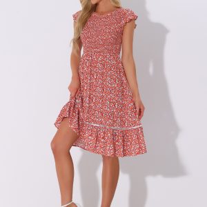 Midi Smocked Cap Short Sleeve Floral Fit and Flare Dress Red/XS - Allegra K catalog