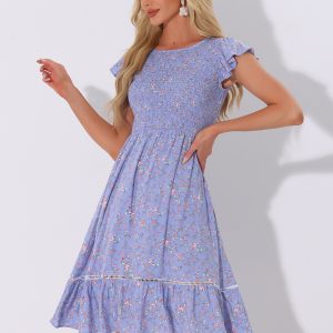 Midi Smocked Cap Short Sleeve Floral Fit and Flare Dress Dark Blue Purple/XL - Allegra K catalog