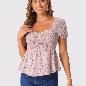 Puff Short Sleeve Floral Shirred Ruffle Peplum Blouse Pink/L - Allegra K catalog