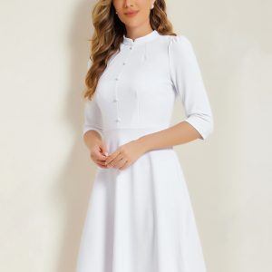 Retro 3/4 Sleeve Stand Collar Office Work Elegant A-Line Dress White/L - Allegra K catalog