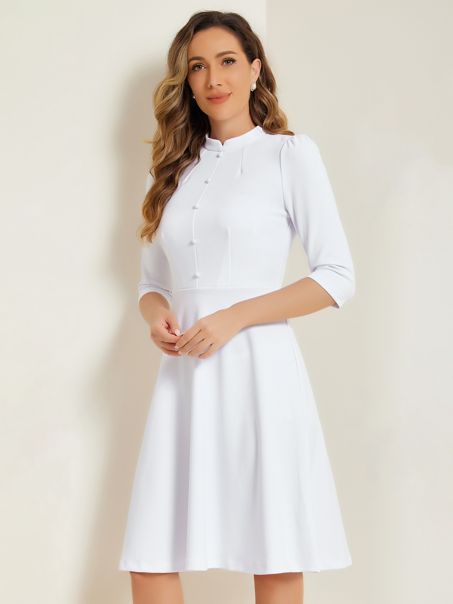 Retro 3/4 Sleeve Stand Collar Office Work Elegant A-Line Dress White/L - Allegra K catalog