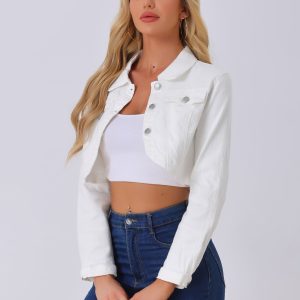 Collared Button Down Long Sleeve Denim Crop Jean Jacket White/M - Allegra K catalog