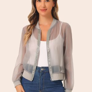 Zip Up See Through Lightweight Long Sleeve Mesh Bomber Jacket Gray/XL - Allegra K catalog