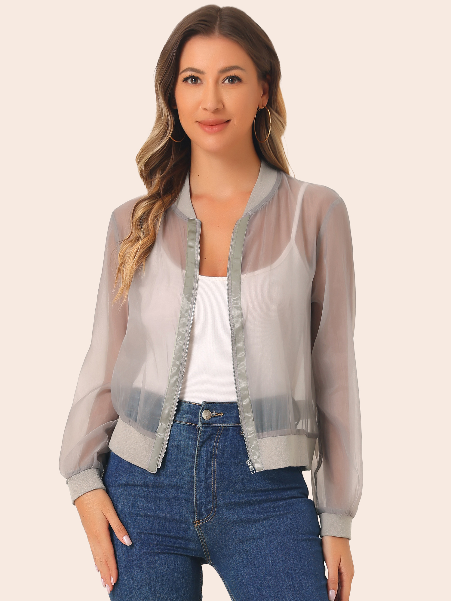 Zip Up See Through Lightweight Long Sleeve Mesh Bomber Jacket Gray/XL - Allegra K catalog