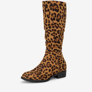 Women's Round Toe Slouches Block Heels Knee High Boots Leopard/11 - Allegra K catalog