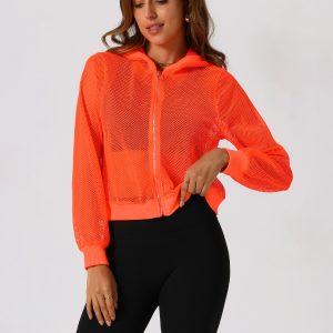 Zip Up Long Sleeve Mesh Sheer Hoodie Bomber Jackets Orange/XL - Allegra K catalog