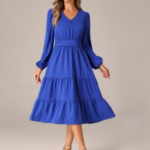 Lantern Sleeve Pocketed Ruffled Tiered A-Line Midi Dress Royal Blue/XS - Allegra K catalog