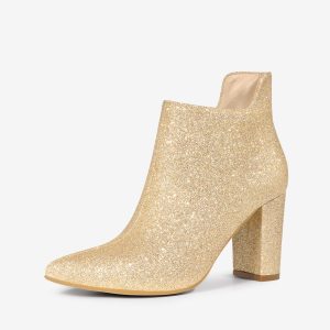 Women's Pointed Toe Cutout Block Heels Glitter Ankle Booties Gold/6 - Allegra K catalog