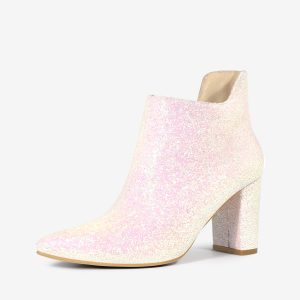 Women's Pointed Toe Cutout Block Heels Glitter Ankle Booties White/6 - Allegra K catalog
