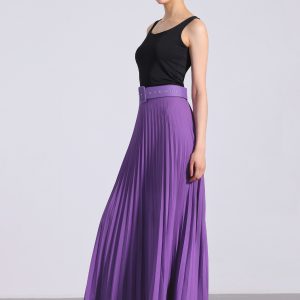 Flowy Pleated Elastic High Waist Belted Swing A-line Maxi Skirt Purple/M - Allegra K catalog