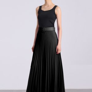 Flowy Pleated Elastic High Waist Belted Swing A-line Maxi Skirt Black/S - Allegra K catalog