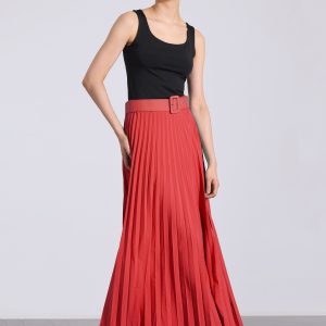 Flowy Pleated Elastic High Waist Belted Swing A-line Maxi Skirt Red/S - Allegra K catalog