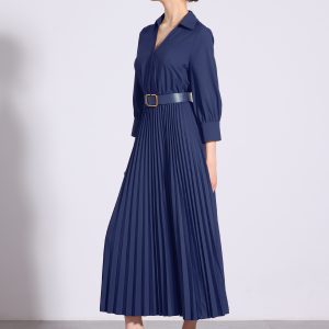 Collar V Neck Belted Dressy Casual Pleated Maxi Dress Dark Blue/S - Allegra K catalog
