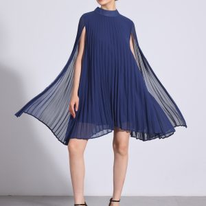 Loose Flowy Cloak Sleeve Cape Pleated Chiffon Mini Dress Dark Blue/3XL - Allegra K catalog