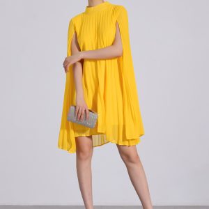 Loose Flowy Cloak Sleeve Cape Pleated Chiffon Mini Dress Yellow/XL - Allegra K catalog