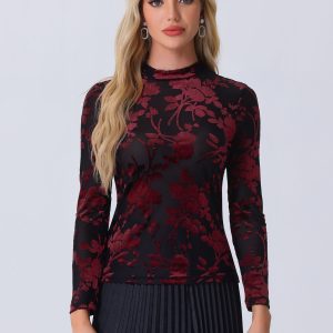 See Through Mesh Mock Neck Velvet Floral Blouse Black Red/XL - Allegra K catalog