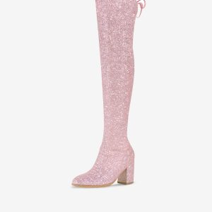 Women's Glitter Round Toe Chunky Heel Over the Knee High Boots Pink/7.5 - Allegra K catalog