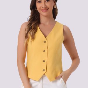 Sleeveless Solid Button Down V Neck Waistcoat Vest Yellow/M - Allegra K catalog