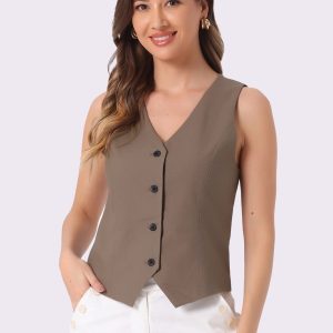 Sleeveless Solid Button Down V Neck Waistcoat Vest Coffee/S - Allegra K catalog