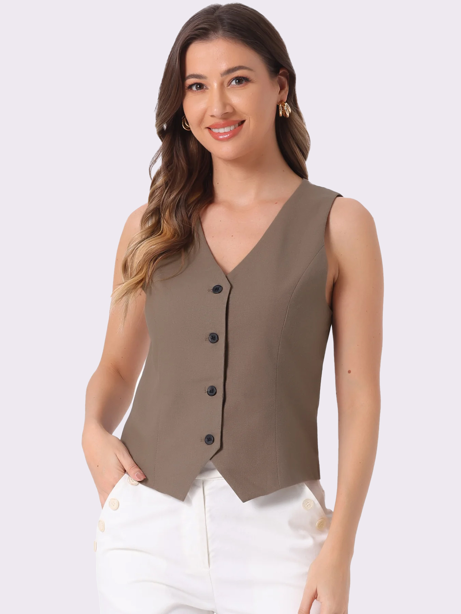 Sleeveless Solid Button Down V Neck Waistcoat Vest Coffee/S - Allegra K catalog
