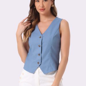 Sleeveless Solid Button Down V Neck Waistcoat Vest Light Blue/M - Allegra K catalog
