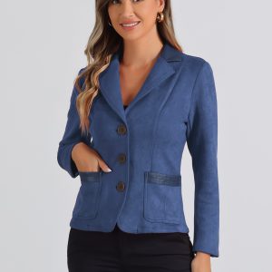 Faux Suede Lapel Collar Cowgirl 2 Button Blazer Jacket Dark Blue/M - Allegra K catalog