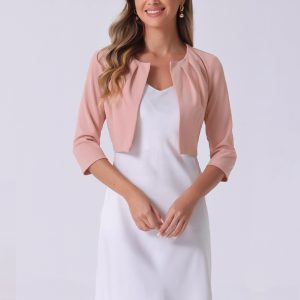 3/4 Sleeve Collarless Pleated Open Front Shrugs Pink/XS - Allegra K catalog