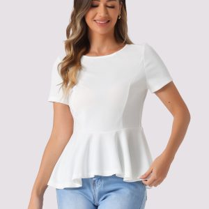 Short Sleeve Round Neck Solid Color Peplum Blouse White/L - Allegra K catalog