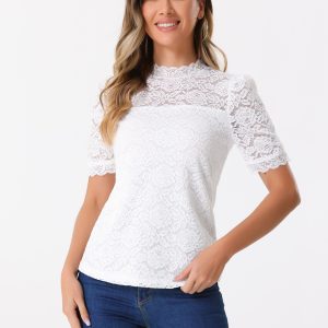 Floral Lace Mock Neck Puff Short Sleeve Blouse White/XL - Allegra K catalog