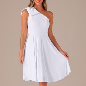 Bow One Shoulder Sleeveless Pockets A-Line Midi Dress White/S - Allegra K catalog