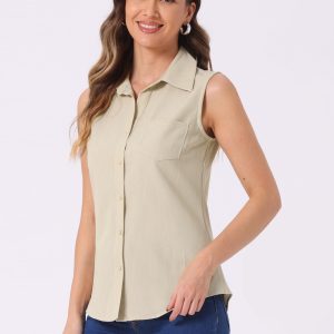 Denim Button Down Sleeveless Lapel V Neck Chambray Tunic Top Light Khaki/L - Allegra K catalog
