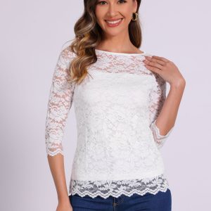 Floral Lace Sheer 3/4 Sleeve Boat Neck Blouse White/M - Allegra K catalog