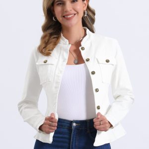 Casual Denim Classic Stand Collar Long Sleeve Jean Jacket White/XS - Allegra K catalog