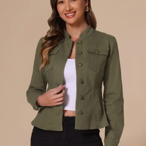 Casual Denim Classic Stand Collar Long Sleeve Jean Jacket Green/XS - Allegra K catalog