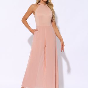 Sleeveless Halter Neck Belted Elegant Wedding Cocktail Dressy Jumpsuits Pink/S - Allegra K catalog