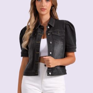 Casual Short Puff Sleeves Button-Down Jean Denim Jacket Black/L - Allegra K catalog