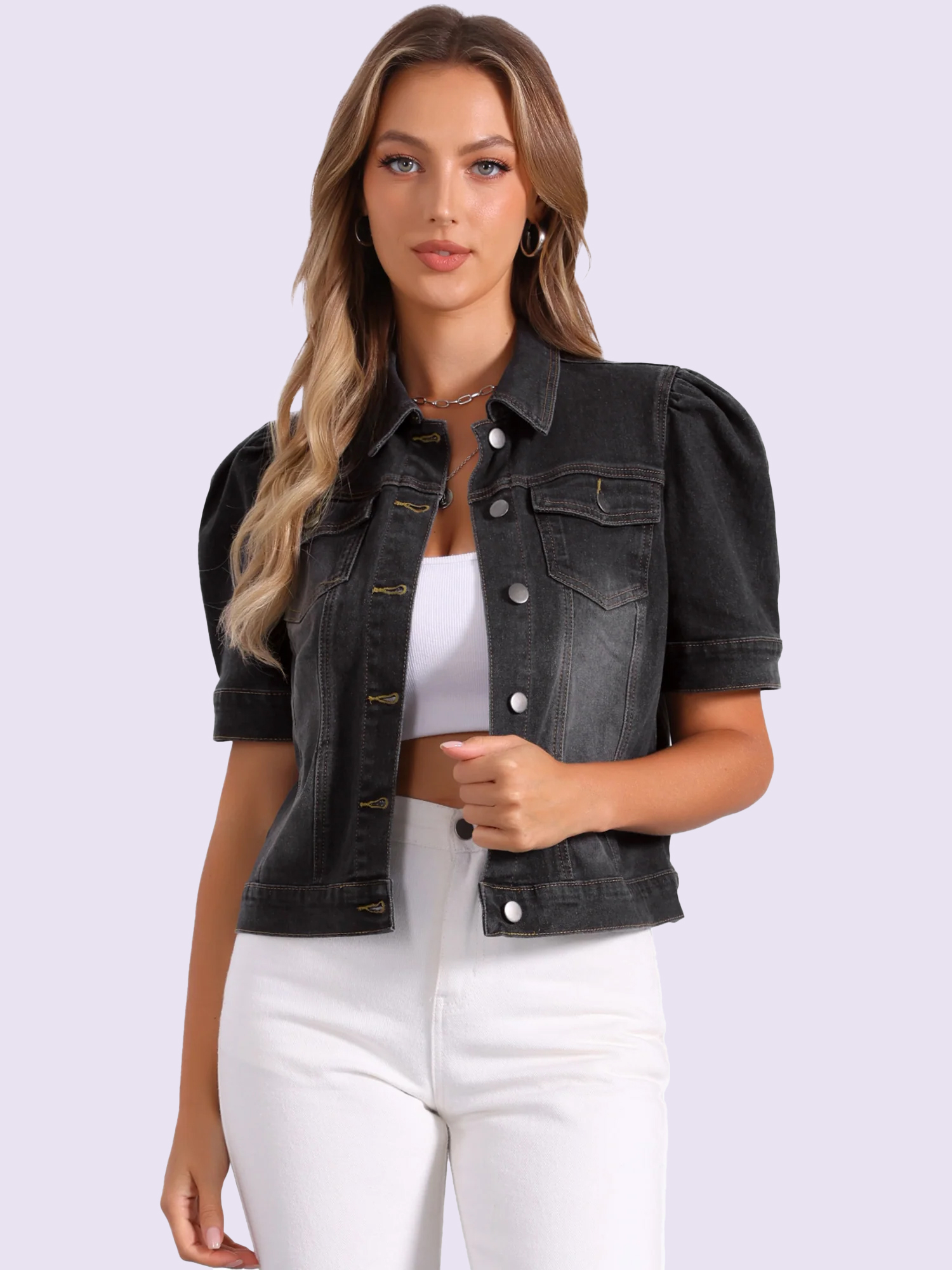 Casual Short Puff Sleeves Button-Down Jean Denim Jacket Black/XL - Allegra K catalog