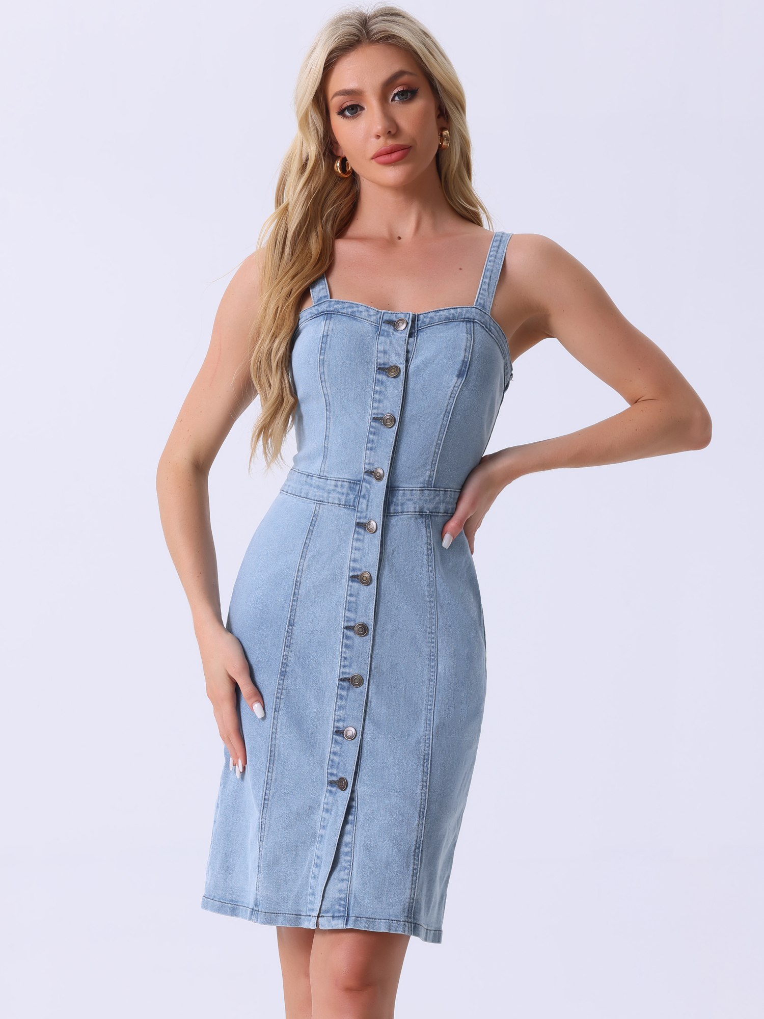 Button Down Denim Sleeveless Sweetheart Neck Jeans Dress Washed Blue/L - Allegra K catalog