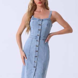 Button Down Denim Sleeveless Sweetheart Neck Jeans Dress Washed Blue/XL - Allegra K catalog