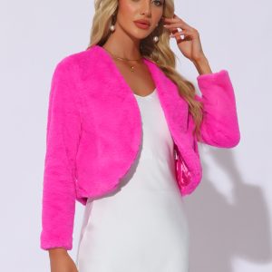 Faux Fur Long Sleeve Open Front Bolero Winter Coat Cropped Jacket Hot Pink/XL - Allegra K catalog