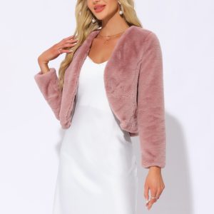 Faux Fur Long Sleeve Open Front Bolero Winter Coat Cropped Jacket Dusty Pink/S - Allegra K catalog