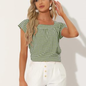 Square Neck Short Sleeves Gingham Plaid Blouse Green White/L - Allegra K catalog