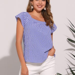 Square Neck Short Sleeves Gingham Plaid Blouse Blue White/L - Allegra K catalog