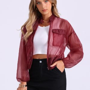 Sheer Zip Up Long Sleeve See Through Bomber Jacket Wine Red/XS - Allegra K catalog