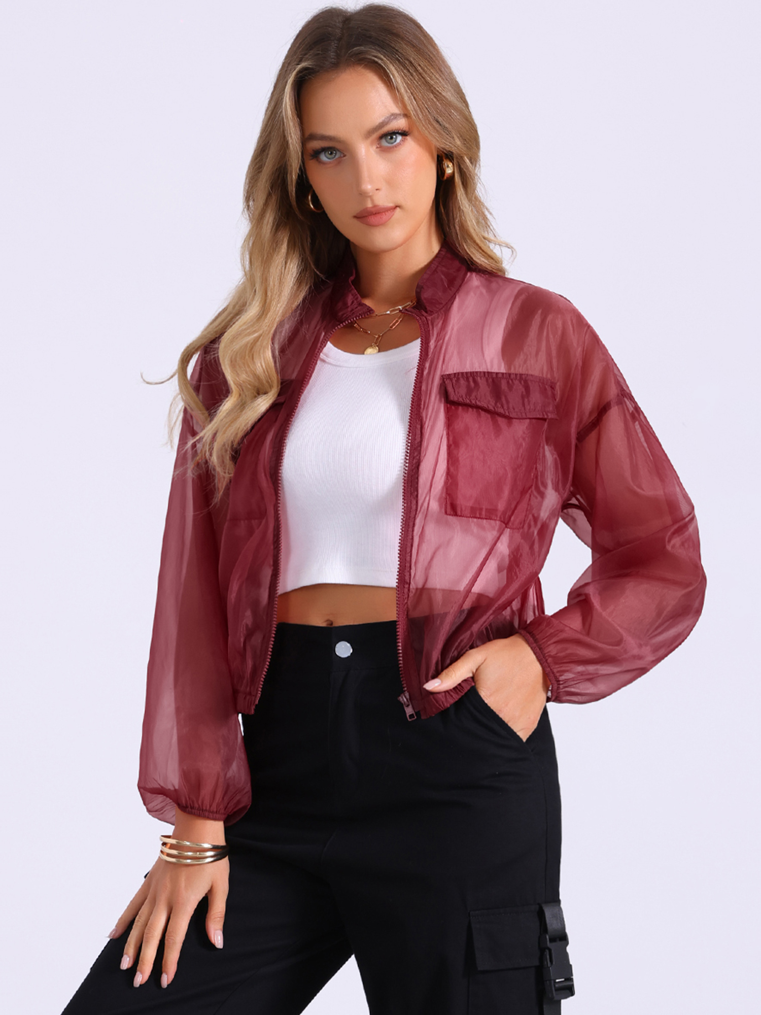 Sheer Zip Up Long Sleeve See Through Bomber Jacket Wine Red/XS - Allegra K catalog