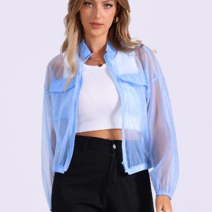 Sheer Zip Up Long Sleeve See Through Bomber Jacket Light Blue/XS - Allegra K catalog